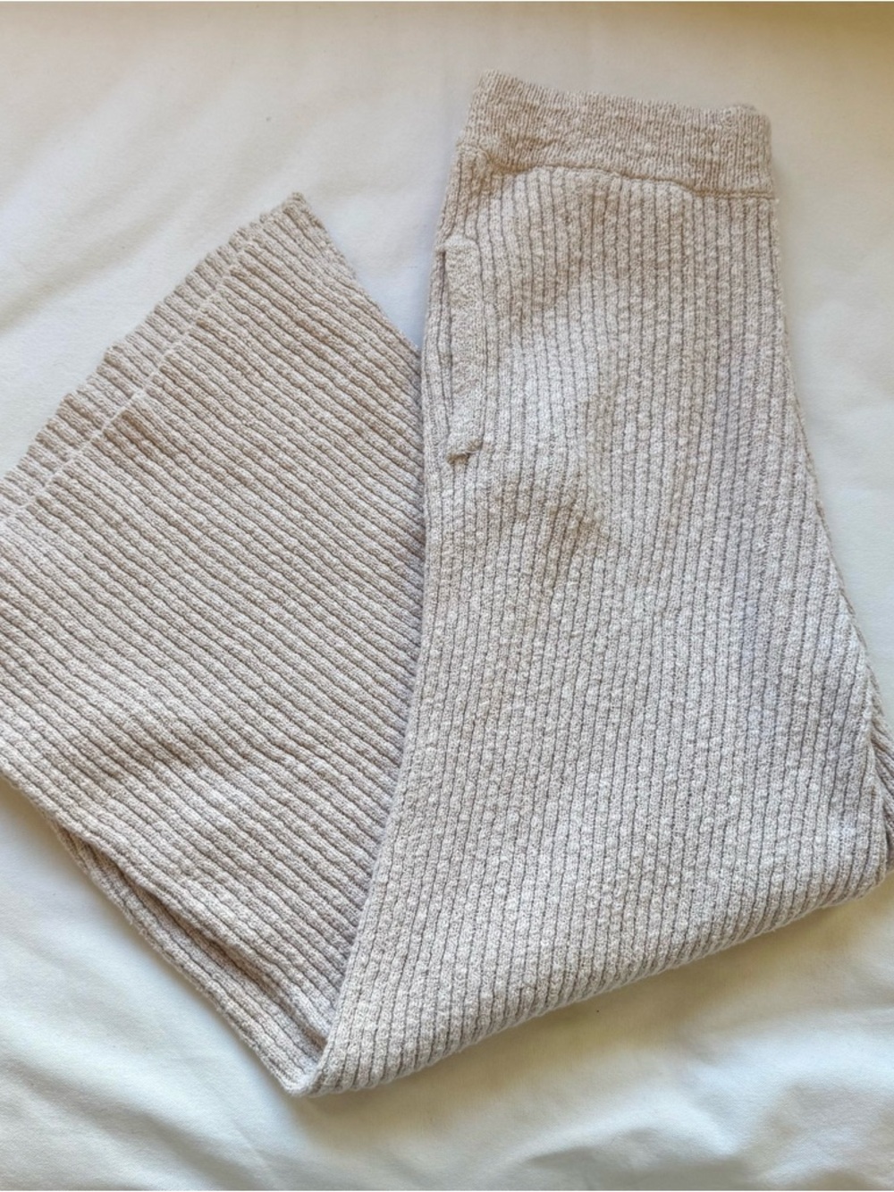 Free People Wide-Leg Ribbed Knit Pants - Light Beige